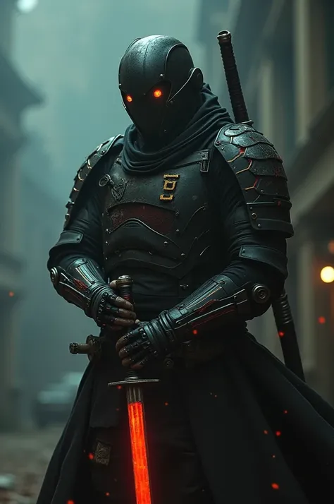  cybernetic warrior , wounded, blood,   holding a shiny katana in front of him,  Bright orange ,  damaged armor,  smoking bullet marks , fog , ( close, retrato:1.1), Film grain,  movie still ,  shallow depth of field ,  , Dark, chiaroscuro, discreet, Samur...