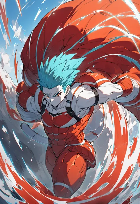 a strong-bodied Saiyan, light blue hair, eyes the same color as his hair, red and orange combat clothing, and he has a Saiyan tail, 8k high definition, carrying a mystical Z-shaped sword