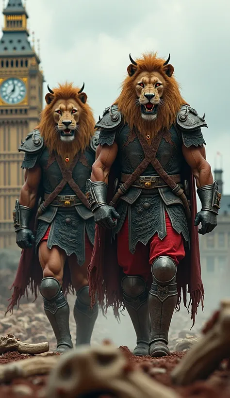  Two muscular soldiers with lion heads ,  wearing terrifying war uniforms with vests full of claw marks and dried blood .  Their armor has broken gold details and helmets with iron thorns .  Their eyes burn in shades of red as they march over a bone-covere...