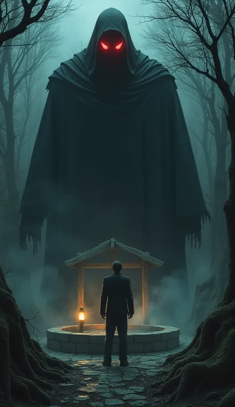 A dark shadowy silhouette with glowing red eyes standing menacingly in front of a terrified man near the well