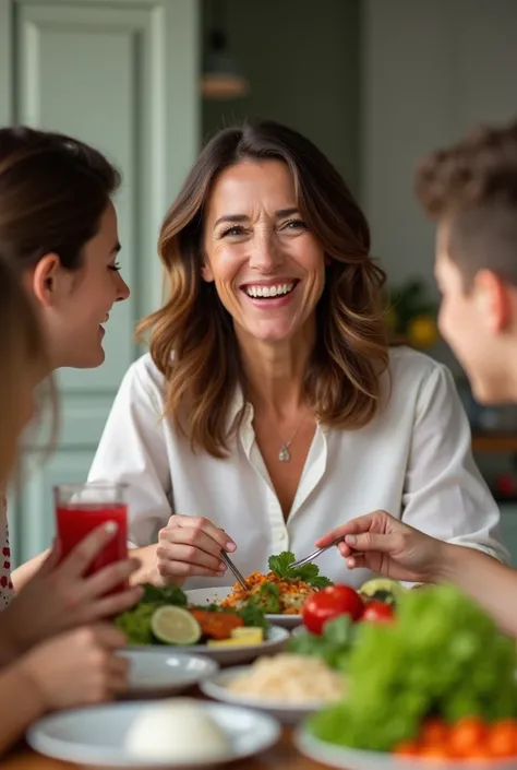 happy, mature, brunette woman at the table, having lunch with her family, a healthy and tasty meal