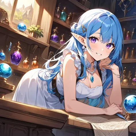 score_9, score_8_up, score_7_up, score_6_up, score_5_up, score_4_up, hires, masterpiece(1girl, cheerful elf, long straight blue hair, a half-up hairstyle with hairpins decorated with small shells and water droplets, gentle purple eyes, pearl earrings in he...