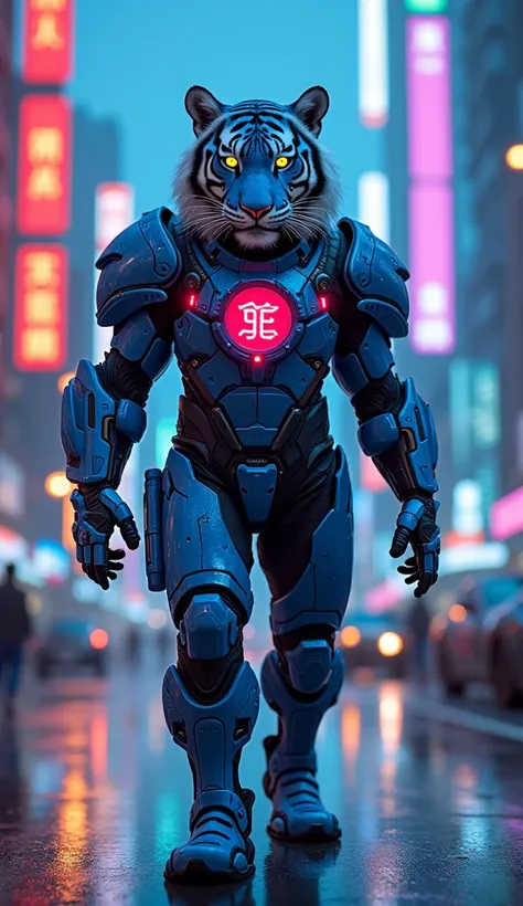  Image of a tiger with neon lights wearing blue futured armor, with a rounded red shield on his chest ,  written with the acronym YANKO AI neon blue ,  walking in a city of the modern future under an illuminated sky, exquisitely designed ,  with neon blue ...