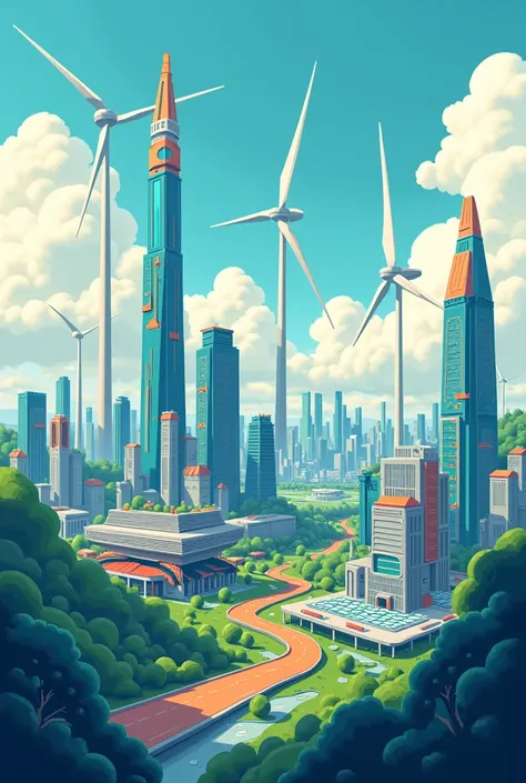 A horizon line showing a futuristic city, but all buildings are powered by renewable energy. The sky is filled with wind turbines and solar farms stretching across the landscape.

Make it cartoon like