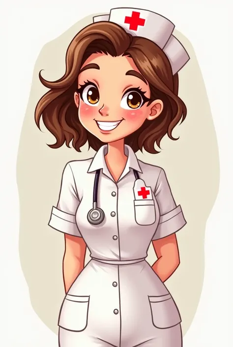  Make me a nurse with the following physical characteristics: Brunette that is from the waist up cartoon version