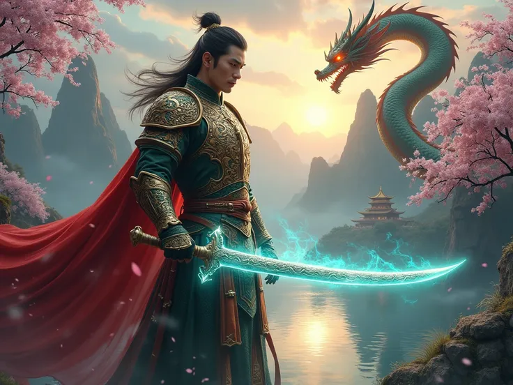 Imagine a powerful warrior standing in a mystical, fantasy world inspired by ancient China, wielding an elegant Chinese sword imbued with glowing magical energy. The man is clad in intricate armor adorned with dragon motifs, shimmering with gold and jade a...