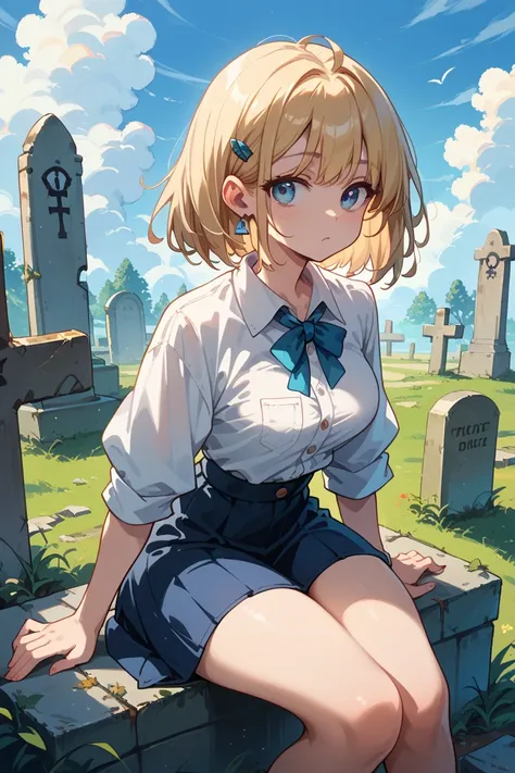  1 girl,  blue eyes,  with a graveyard on the back., There is a pair of ,  with large thighs ,  medium-sized breasts , There is a bandage ,  white shirt ,