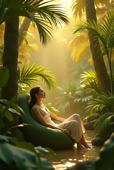 beautiful big golden palms hold the woman who is sitting in them