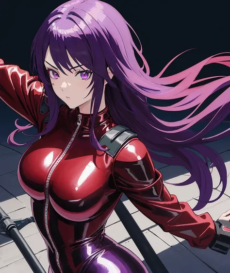 1girl, beautiful anime fighter girl, red and black leather catsuit, dark green shoulder pads, A cool ace pilot with shoulder-length purple hair and purple eyes, masterpiece, 8k, high quality, dramatic pose, dynamic composition, award-winning artwork
