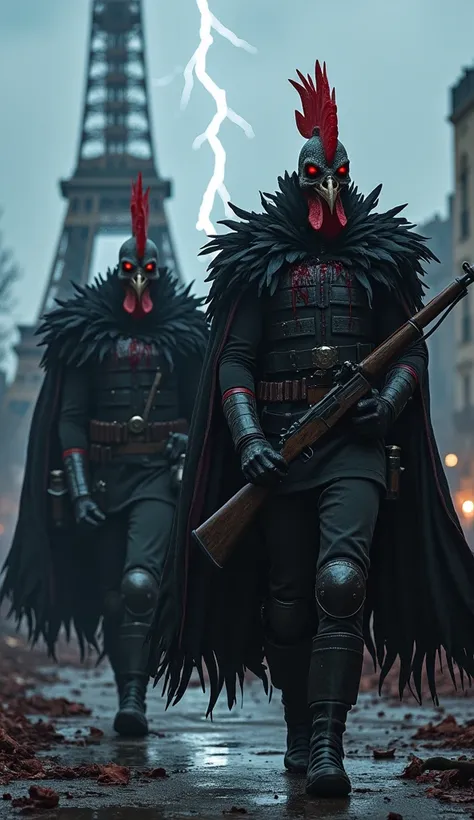 Two ultra-high-quality soldiers with rooster heads and imposing, muscular bodies. Their uniforms are dark and gothic, with feathered capes stained with blood and skull-like masks partially covering their faces. Their sharp beaks are clenched, and their glo...