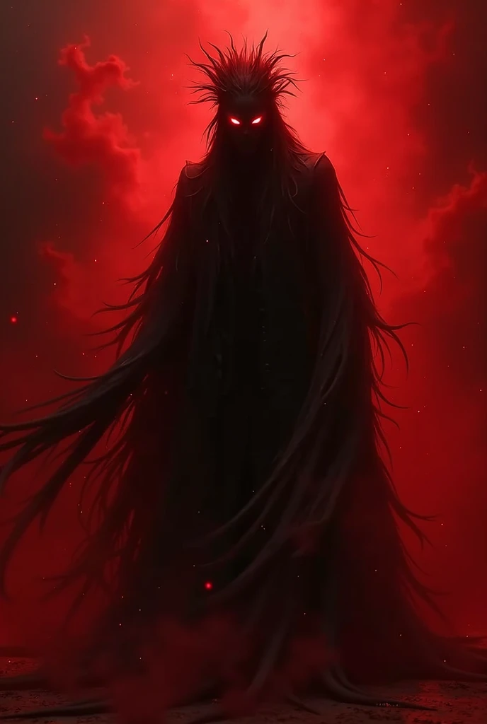 Create a demonic character without horns in a black outfit with eyes glowing red with frizzy hair and rage, on a red background with red smoke 