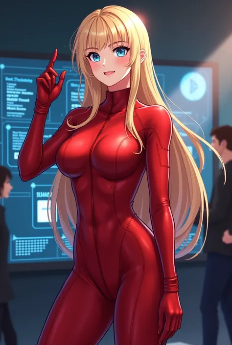 glossy redsuit woman, blonde hair, about crypto, make 10 different image with her emotion on crypto, anime art, teaching about crypto in hologram front, base chain, all information on the big board, with many people around
