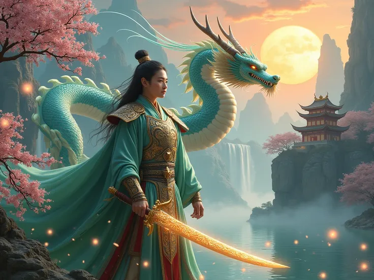 Visualize a majestic scene in a fantastical world inspired by ancient China, where a powerful warrior stands as the central figure. He wields a legendary Chinese sword glowing with magical energy, its blade etched with intricate, ancient runes that pulsate...