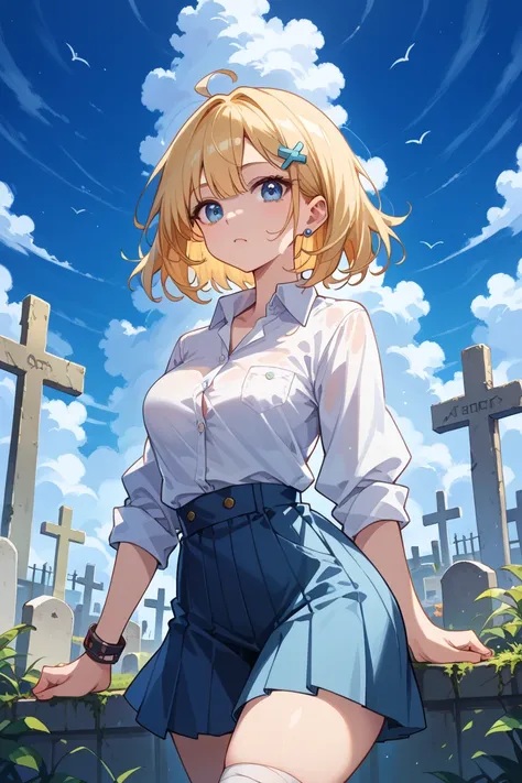  1 girl,  blue eyes,  with a graveyard on the back., There is a pair of ,  with large thighs ,  medium-sized breasts , There is a bandage ,  white shirt , ผมสีแดง, ผมสั้น,