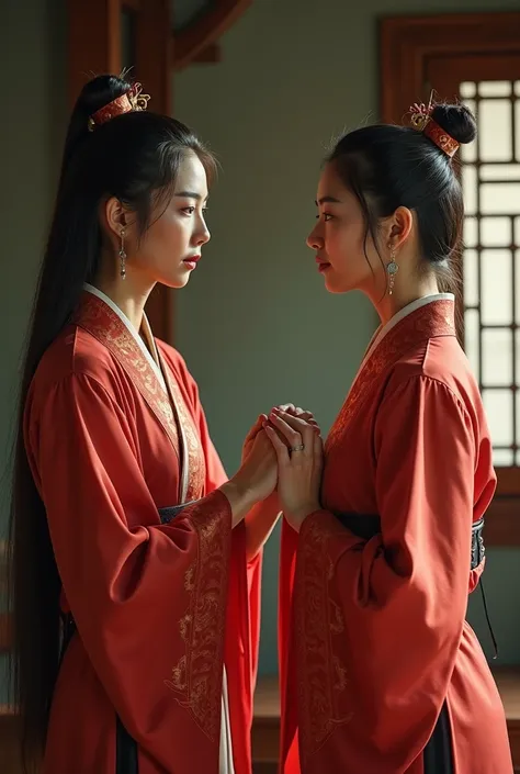 The hero may hold onto the heroines wrist to stop an argument or gesture of frustration.
The heroine may point fingers or use the gesture of pulling the heros collar like a serious argument.
The ancient Chinese bedroom scene. The two are quarreling.