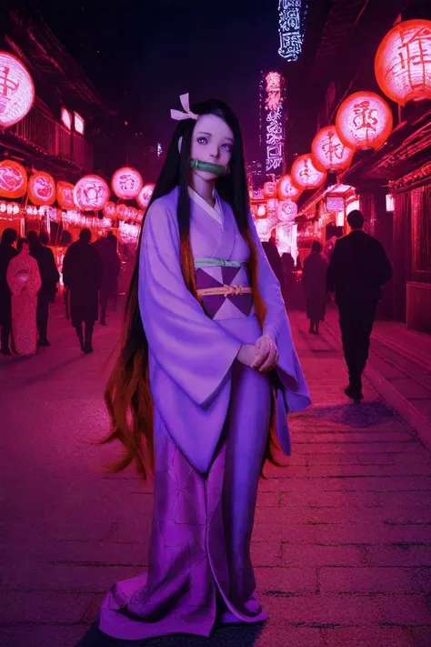 nezuko, realistic, life, very long hair, multicolored hair, black hair, red hair, gagged, bamboo, gag, city, night, long kimono, wide purple beautiful upturned eyes, beautiful girl 