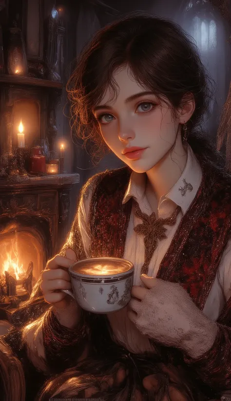 beautiful lips :1.2, detailed eyes, beautiful full lips , very detailed eyes and faces, long eyelashes, cute expressions , smiles , sitting:1.4, holding a cup of hot latte, fireplace , home background , heater, warm light , christmas sweater , anime