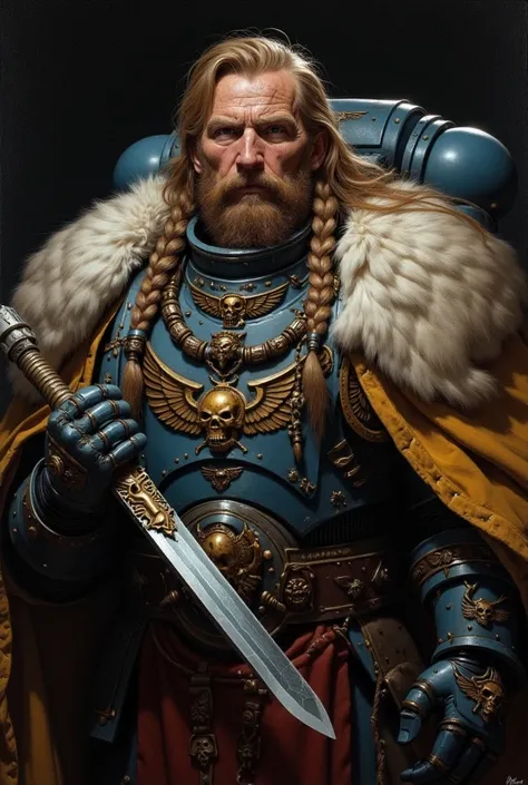 Oil painting masterpiece warhammer40k.Leman Russ Bearded man with long hair, braids, scarred face, solemn look in dark room, short golden hair, light blue metal armor, brown belt, fantasy animal skin cloak, noble motifs, ,hand holding powerspear, dark back...