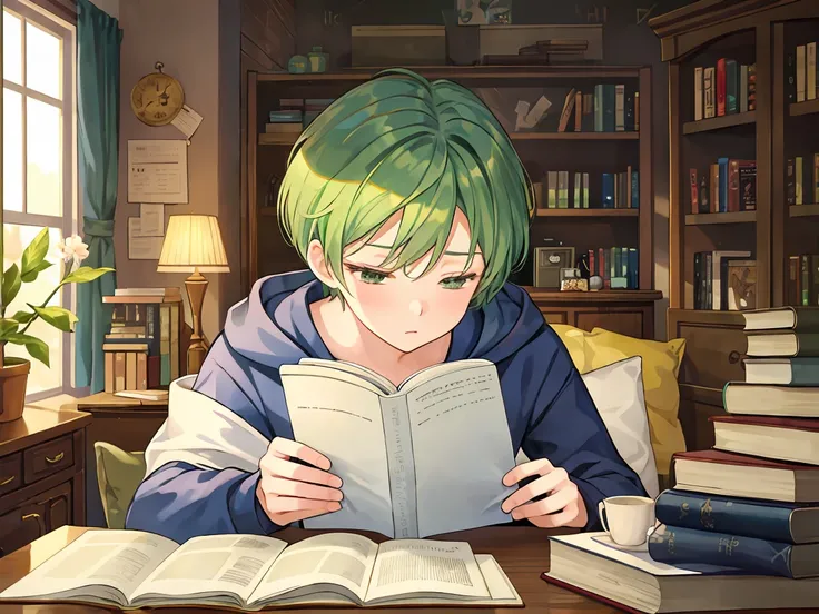 The short-haired wizard man with green hair is sleepy studying surrounded by books on his bed