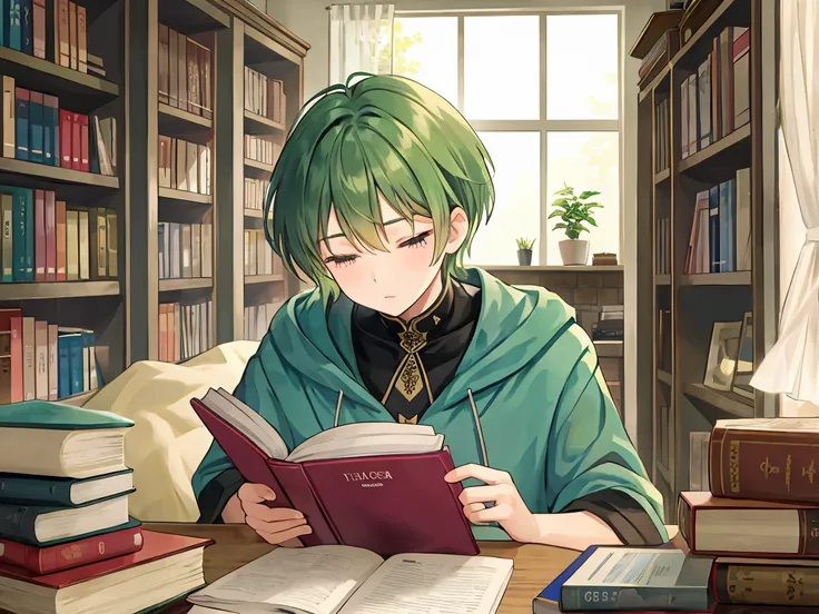 The short-haired wizard man with green hair is sleepy studying surrounded by books on his bed