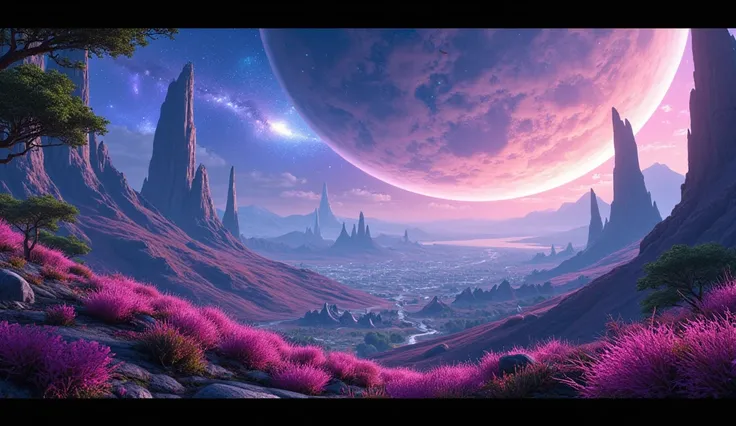 A breathtaking depiction of a newly discovered planet named Aurora, designed as humanitys new home among the stars. The planet features lush, alien landscapes with vibrant, glowing vegetation, towering crystal-like mountains, and a serene atmosphere illumi...