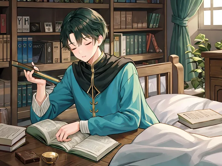 The short-haired wizard man in green is sleeping surrounded by books on his bed