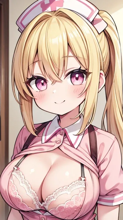 (Highest quality:1.3), Brown ponytail, Large Breasts, Cleavage, Nurse uniform, smile, (throw, Close-up shot),Blonde, Pink lace bra