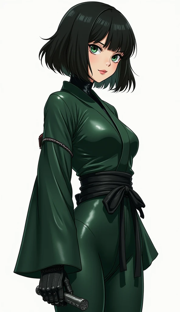 Create an realistic anime-style illustration image of a woman innocent  inspired by nana , but with a futuristic and cybernetic twist., intense expression and calm, balck and  hair  . wearing a dark green cyberpunk latex kimono outfit . green eyes. Her pos...