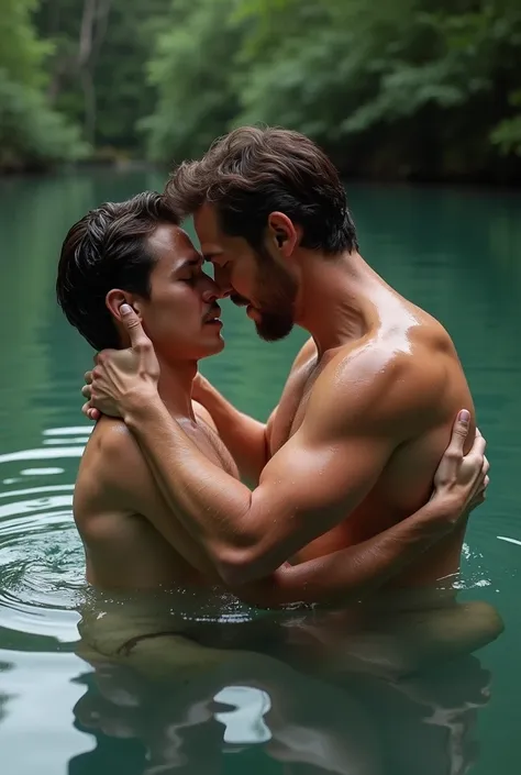 Thom Holland and Chris Pratt submerged waist-deep in a lake completely naked ,  Chris Pratt behind Thom Holland and Thom Holland Delant turning their backs on Criss while making a face of pleasure