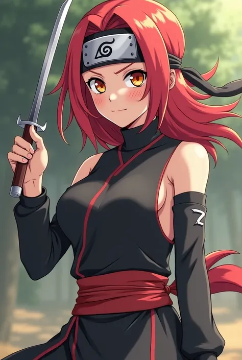  New ninja girl from the world of Naruto , red hair and orange eyes , She has a scar on her cheek ,  her skin is very light and her headband is a konhoha one. Do her full body in a fighting position with a kunai in her hand,  Big breasts , Rice, Language, ...