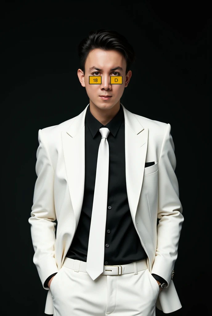 Korean male model wears a white suit, black shirt, he wears glasses with black frames and yellow lenses. He has hair cut short and slicked back. He wears a white tie. behind him is a dark background.