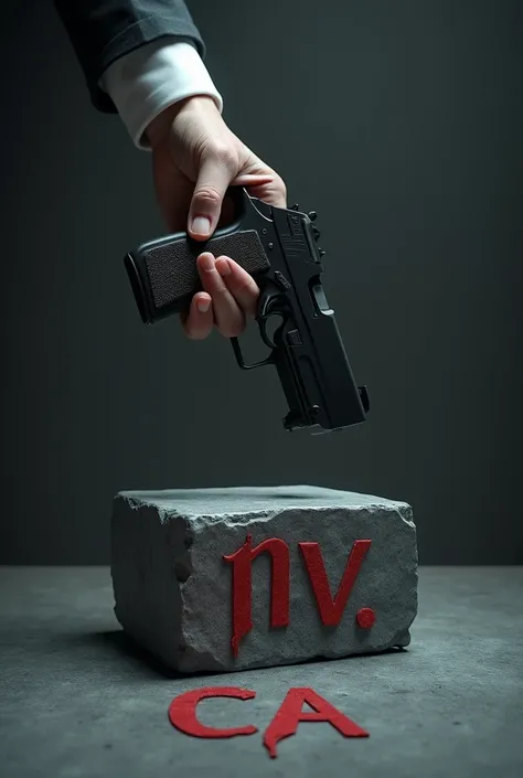  I want an artificial intelligence image of an imaginary style of a black gun above 
M.V is a gray stone with a gun in his hand 
 Two dark red letters where it is held