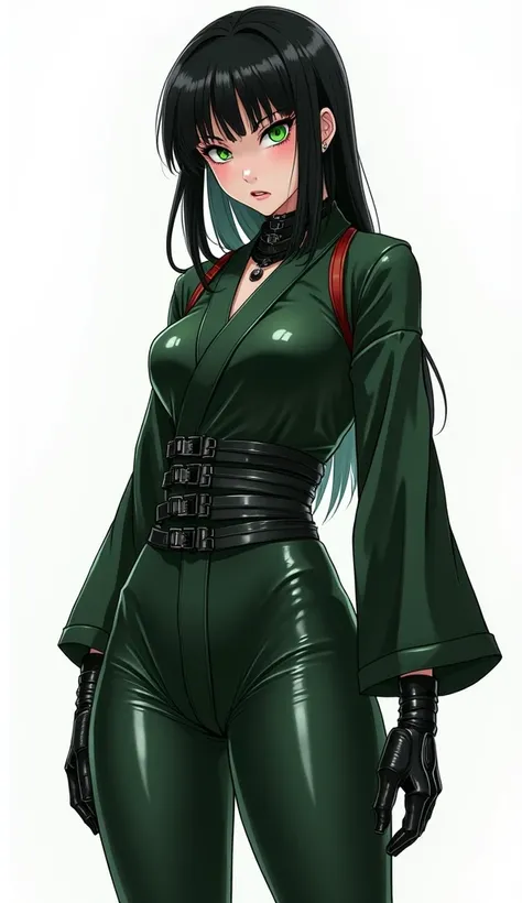 Create an realistic anime-style illustration image of a woman innocent  inspired by nana , but with a futuristic and cybernetic twist., intense expression and calm, balck and  hair  . wearing a dark green cyberpunk latex kimono outfit . green eyes. Her pos...