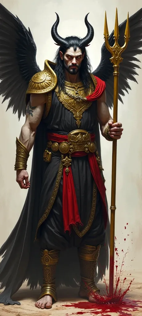 Full-body image of a pale-skinned man, with black horns instead of hair, sharp teeth, pointed ears and yellow eyes, with black wings, dressed in a black and red tunic decorated with gold embroidery and a shoulder pad made of gold, with golden bracelets on ...