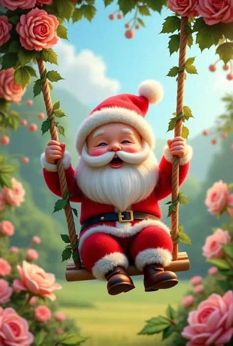 A baby Santa Claus riding on the flower-adorned swing 