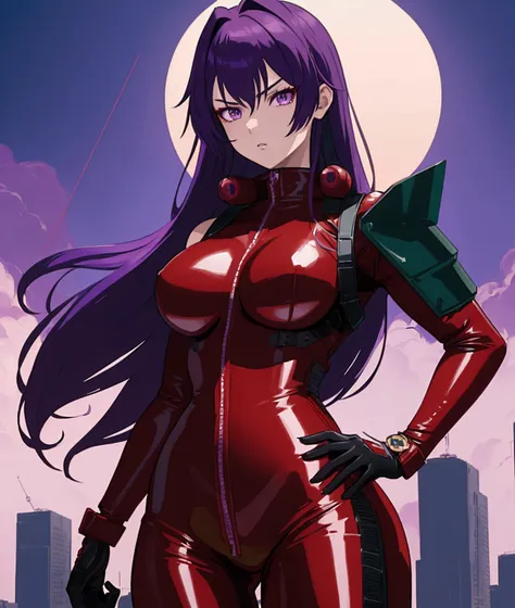 1girl, beautiful anime fighter girl, red and black leather catsuit, dark green shoulder pads, A cool ace pilot with shoulder-length purple hair and purple eyes, masterpiece, 8k, high quality, dynamic composition, award-winning artwork