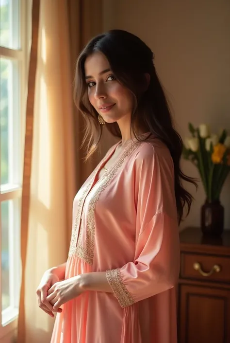 a close up of a woman in a pink outfit standing in a room, a picture inspired by Ambreen Butt, reddit, tachisme, wearing a silk kurta, very very low quality picture, wearing a kurta, wearing dress, candid picture, posing!!, with lovely look, looking from s...