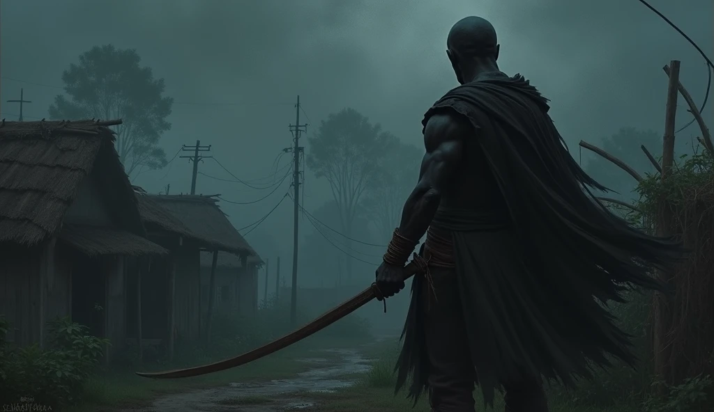 Berikut adalah ilustraand realistis yang menggambarkan sosok Hasan, and " Black Shadow ," yang memimpin kelompok begal dengan tangan beand.  The dark and menacing atmosphere reflects the cruelty he brought to the village. realistic, Photography, scene dean...