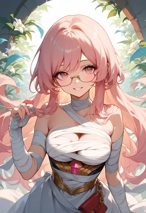 masterpiece, high definition , top quality,8k
(Carmine , pink Eyes long hair, glasses)
(Mummy outfit)
smile