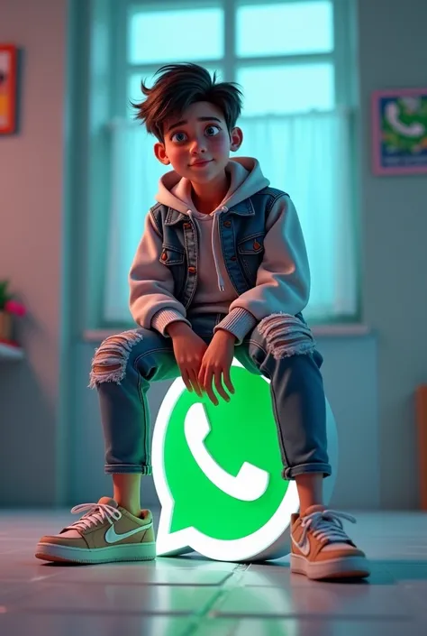 3d model, octane render volumetric, highly detailed videogame, Create a 3D illustration of a boy animated character sitting casually on top of a social media logo "Whatsapp". The character must wear casual modern clothing such as jeans jacket and sneakers ...