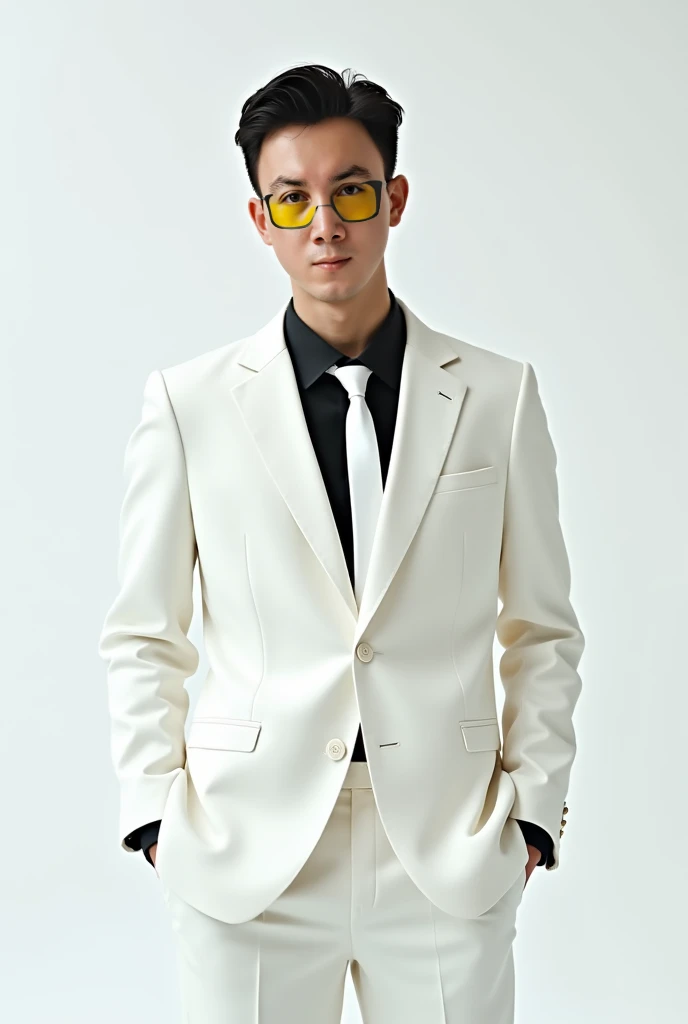 Korean male model wears a white suit, black shirt, he wears glasses with black frames and yellow lenses. He has hair cut short and slicked back. He wears a white tie. behind him is a white background