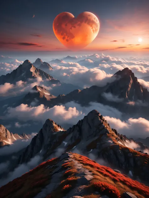 photorealistic, top of a mountain, some corner clouds, a reddish and orange heart-shaped moon in the cinematic, mythical background 