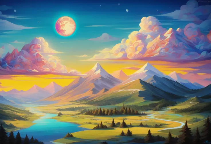   brothers 。 depicts a mountain lake with a sunset and full moon, An art painting inspired by the picture of the Hildebrandt brothers  ,  shutterstock,  psychedelic art, BEAUTIFUL 4K ART , 8K high definition detailed art,  Picturesque Colorful Environment,...