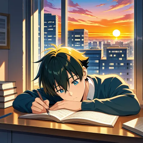 The boy is studying, looking at the sunset outside the window, anime, he lives in the building.  