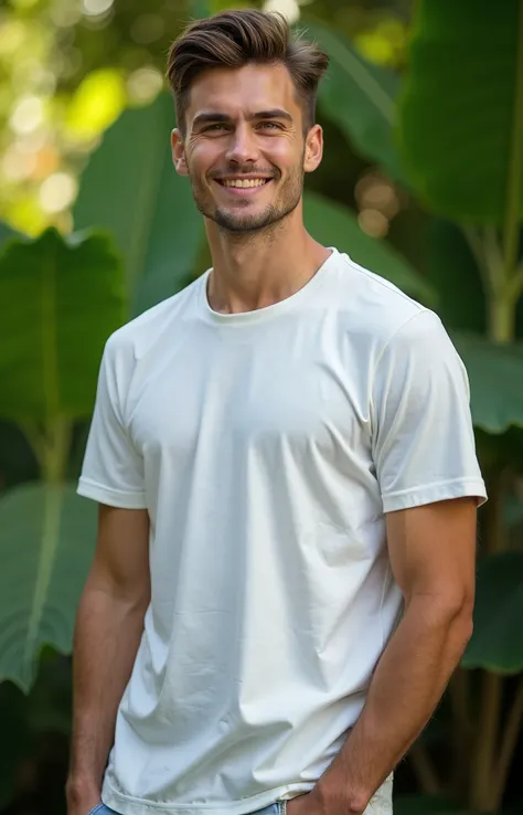 A handsome model wearing T shirt with a friendly demeanor posing against a natural greenery background. Using the t shirt which i attached