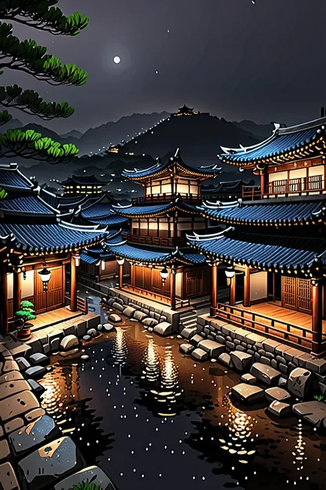 Korean ancient city at the night with a rain.