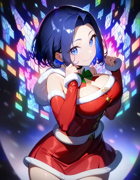 1girl, short hair, dark blue hair, hair intakes, large breast, smiling, ((looking at viewer, sexy santa outfit, hands tied behind headp)), full body, absurdres, high res, ultrasharp, 8K, masterpiece:1.4, illustrations, studio lighting