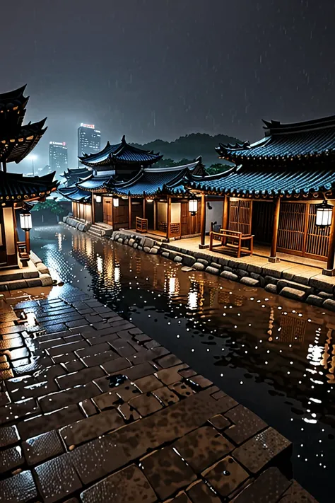 Korean ancient city at the night with a rain.