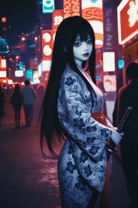 realistic life very beautiful girl , very extremely large upturned wide light blue upturned eyes, very cute baby round oval angelic face, white skin, very beautiful,dark black long hair, silk kimono city night lights, holding katana