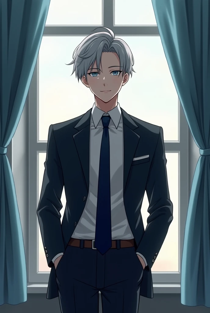 anime character dressed in a suit and tie standing in front of a window, handsome anime pose, tall anime guy with blue eyes, anime handsome man, smooth anime cg art, anime portrait of a handsome man, beautiful androgynous prince, delicate androgynous princ...